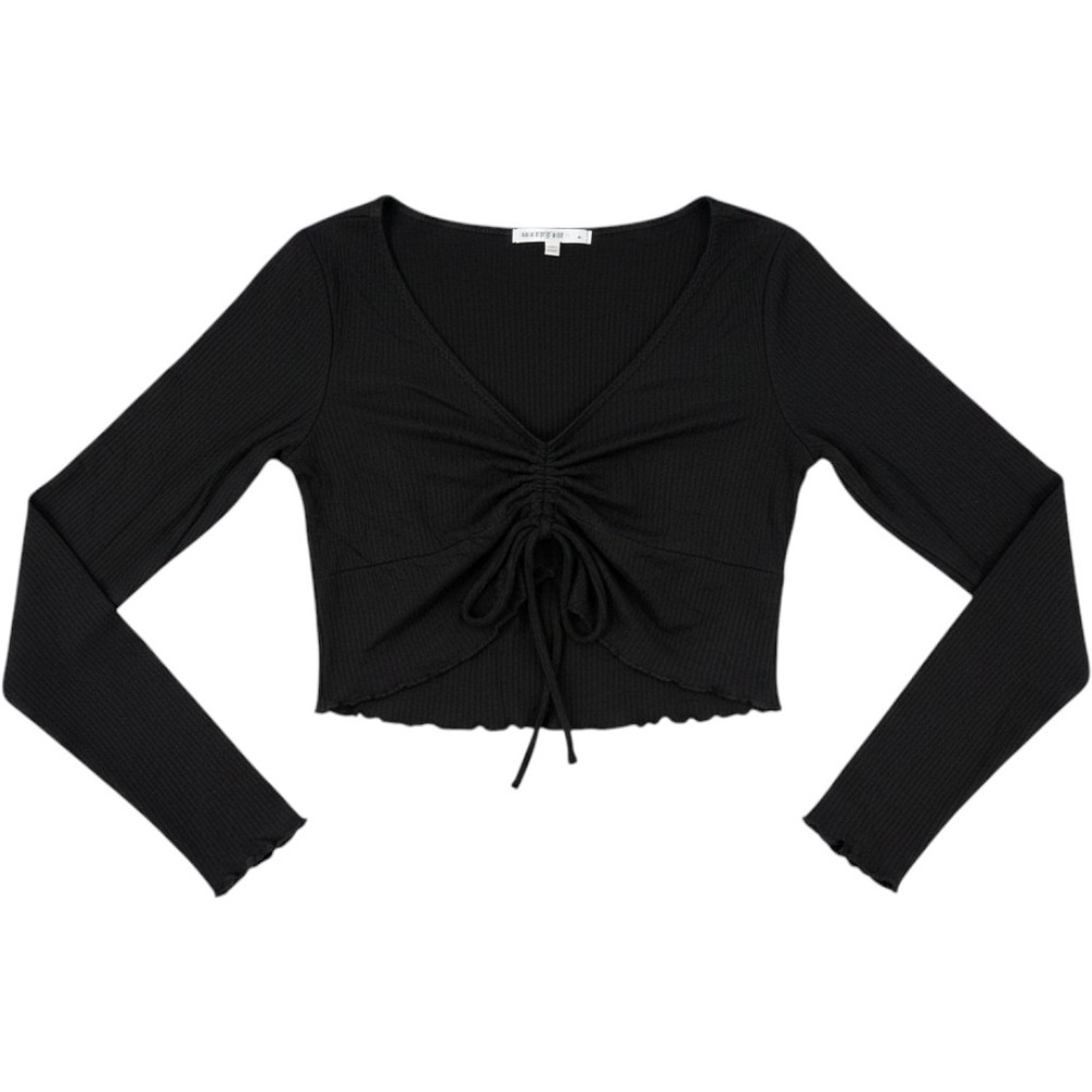 Antistar Cinched Tie Front Crop Top Long Sleeve Ribbed Lettuce Edge Black Medium